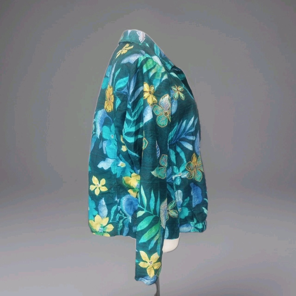 chicos tops size 2 L Jacket Dress Button Shirt 100% Silk Floral Embroidery Blue - Picture 2 of 9